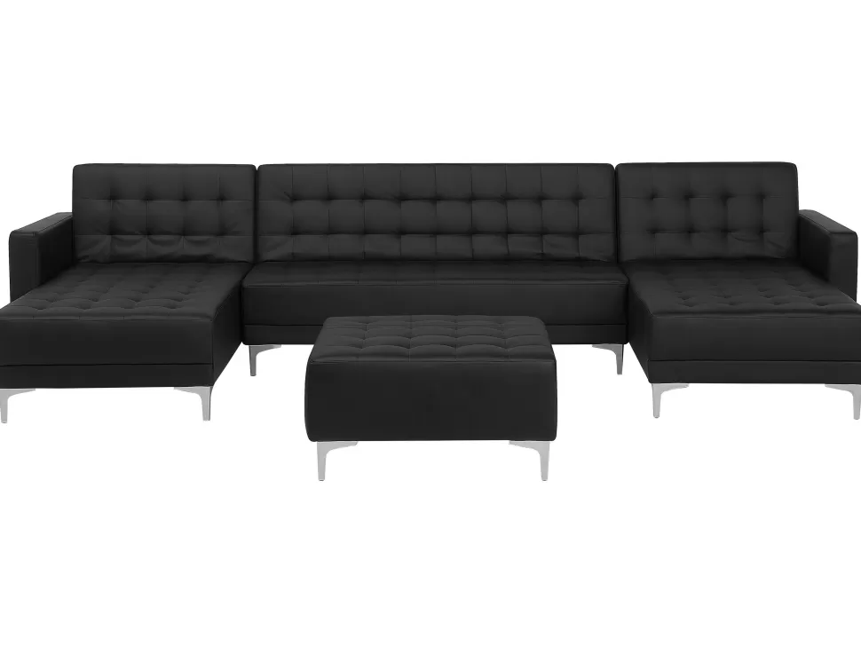 Cheap Beliani 5 Seater U-Shaped Modular Faux Leather Sofa With Ottoman Black Aberdeen