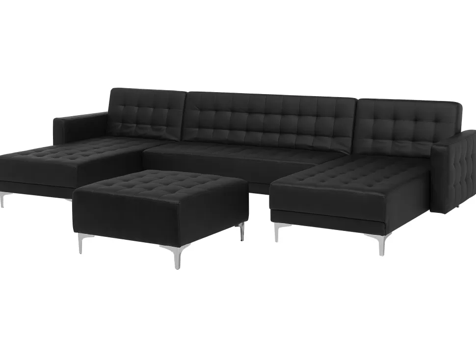 Cheap Beliani 5 Seater U-Shaped Modular Faux Leather Sofa With Ottoman Black Aberdeen