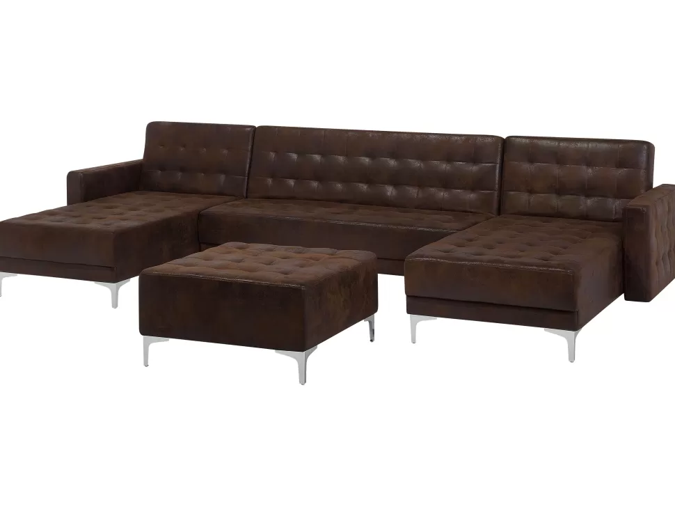 Cheap Beliani 5 Seater U-Shaped Modular Faux Leather Sofa With Ottoman Brown Aberdeen