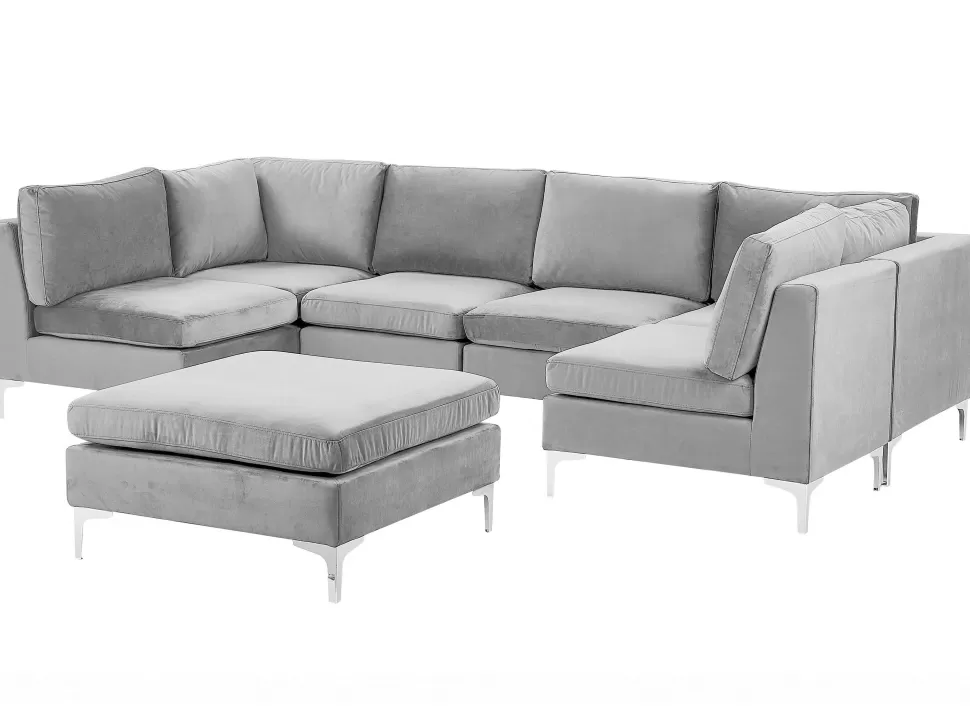 Cheap Beliani 6 Seater U-Shaped Modular Velvet Sofa With Ottoman Grey Evja