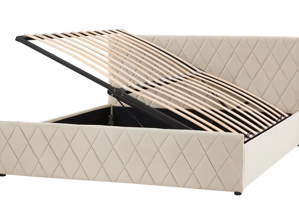 Betten>Beliani Bett Samtstoff Beige Lattenrost Bettkasten Hochklappbar 180 X 200 Cm Rochefort