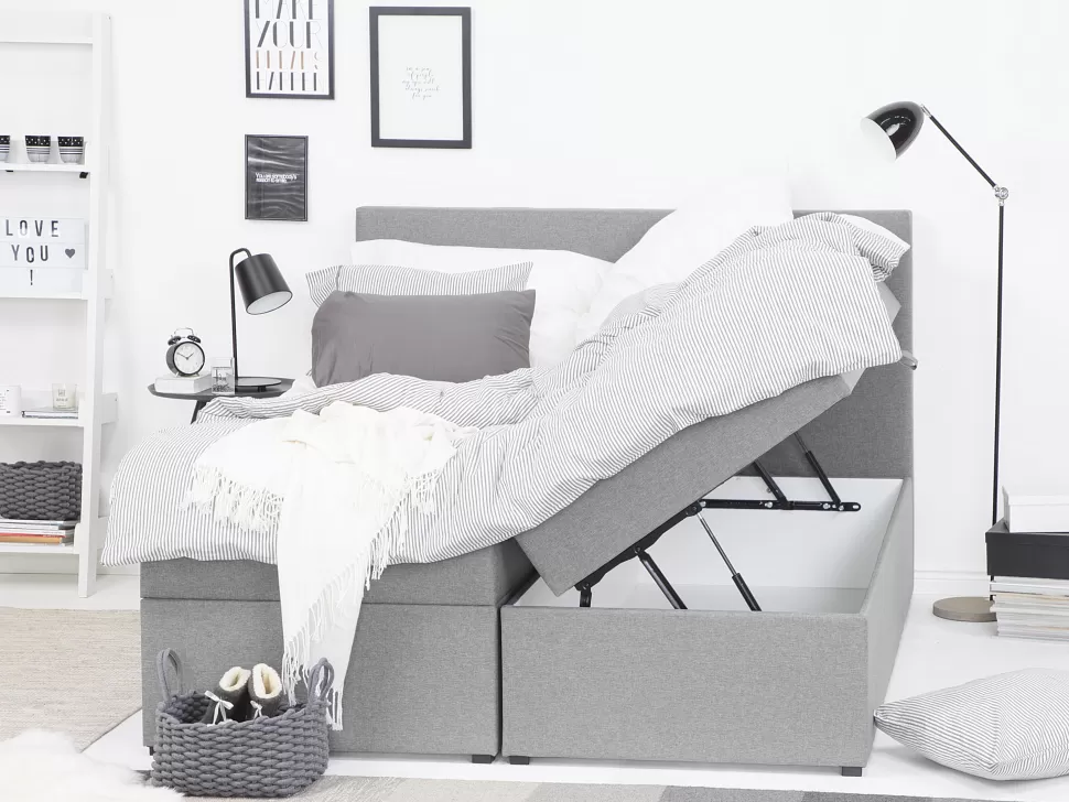Betten>Beliani Boxspringbett Grau Mit Bettkasten Hochklappbar 180 X 200 Cm Senator