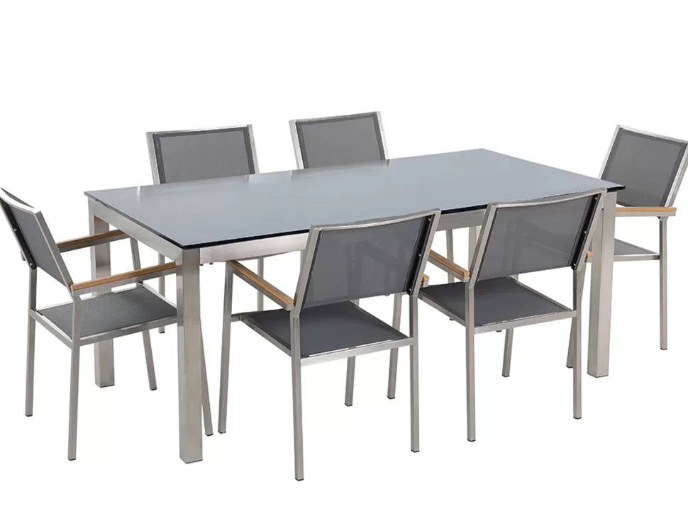 Online Beliani Gartenmöbel Set Glasplatte Schwarz 180 X 90 Cm 6-Sitzer Stühle Textilbespannung Grau Grosseto