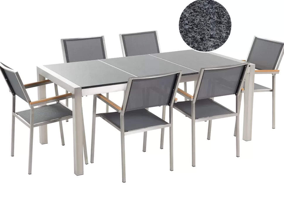 Best Sale Beliani Gartenmöbel Set Granit Grau Poliert 180 X 90 Cm 6-Sitzer Stühle Textilbespannung Grau Grosseto
