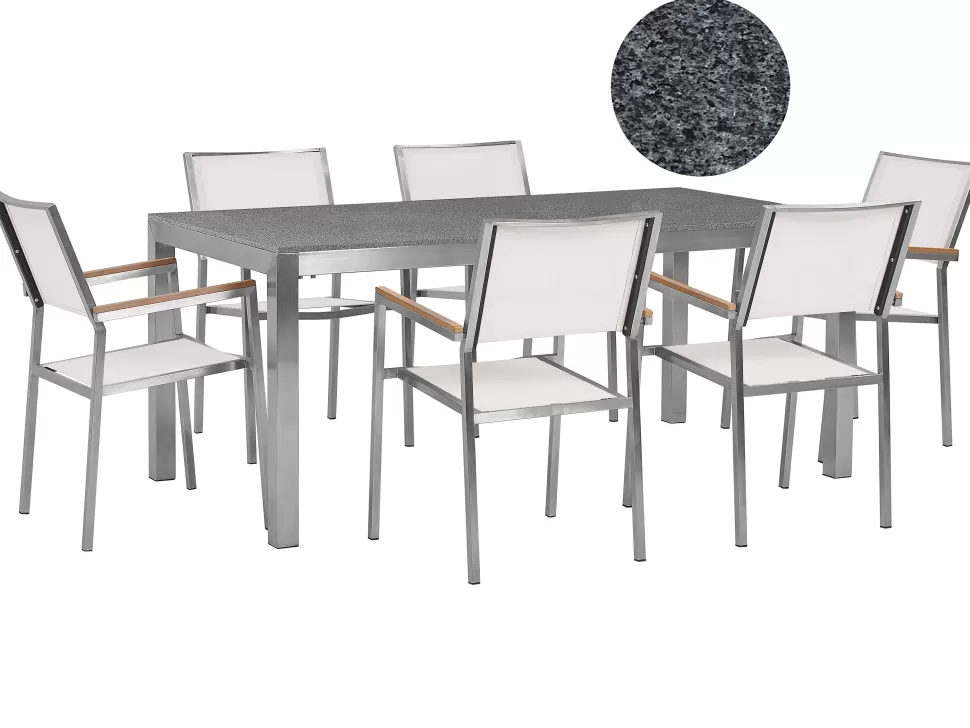 Clearance Beliani Gartenmöbel Set Granit Grau Poliert 180 X 90 Cm 6-Sitzer Stühle Textilbespannung Weis Grosseto