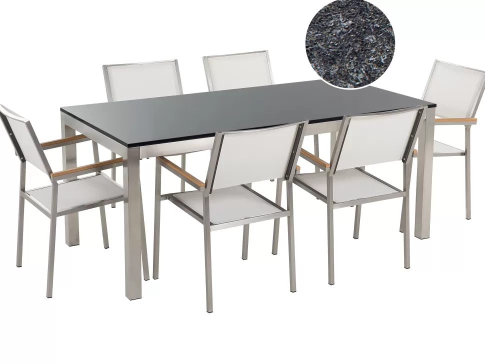 Sale Beliani Gartenmöbel Set Naturstein Schwarz Geflammt 180 X 90 Cm 6-Sitzer Stühle Textilbespannung Weis Grosseto