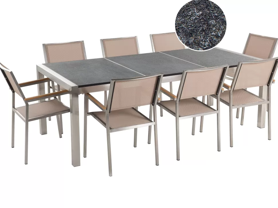 Shop Beliani Gartenmöbel Set Naturstein Schwarz Geflammt 220 X 100 Cm 8-Sitzer Stühle Beige Textilbespannung Grosseto