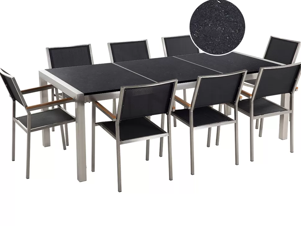 Fashion Beliani Gartenmöbel Set Naturstein Schwarz Poliert 220 X 100 Cm 8-Sitzer Stühle Textilbespannung Grosseto
