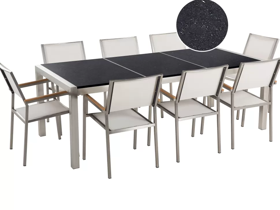 Shop Beliani Gartenmöbel Set Naturstein Schwarz Poliert 220 X 100 Cm 8-Sitzer Stühle Textilbespannung Weis Grosseto
