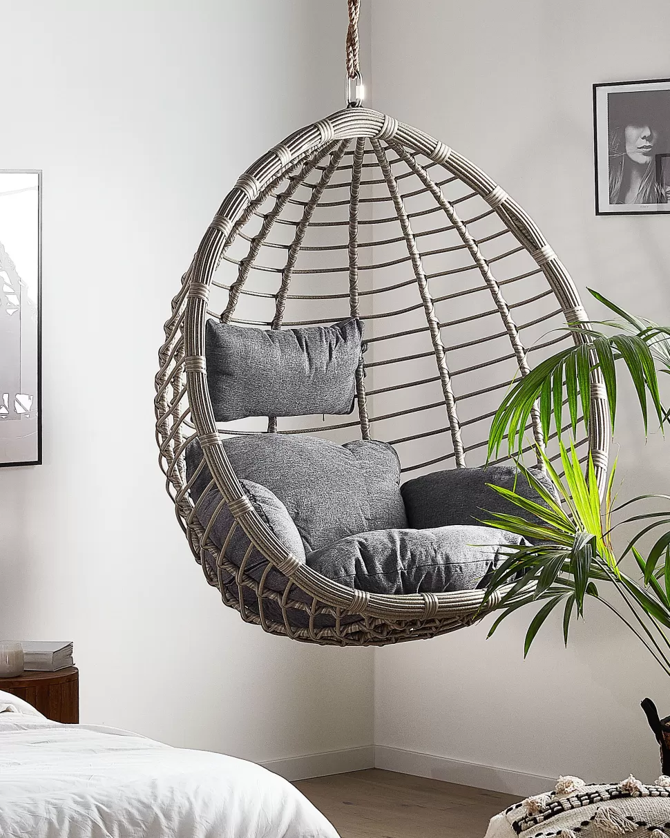 Flash Sale Beliani Hangesessel Rattan Hellgrau O 106 Cm Mit Sitzkissen Tollo