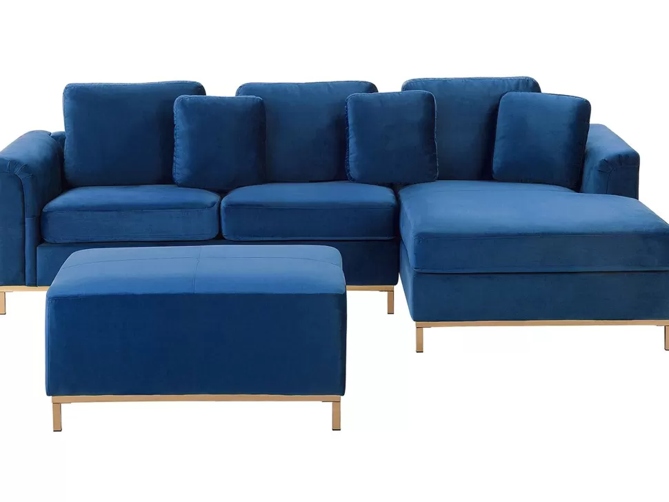Cheap Beliani Left Hand Velvet Corner Sofa With Ottoman Navy Blue Oslo