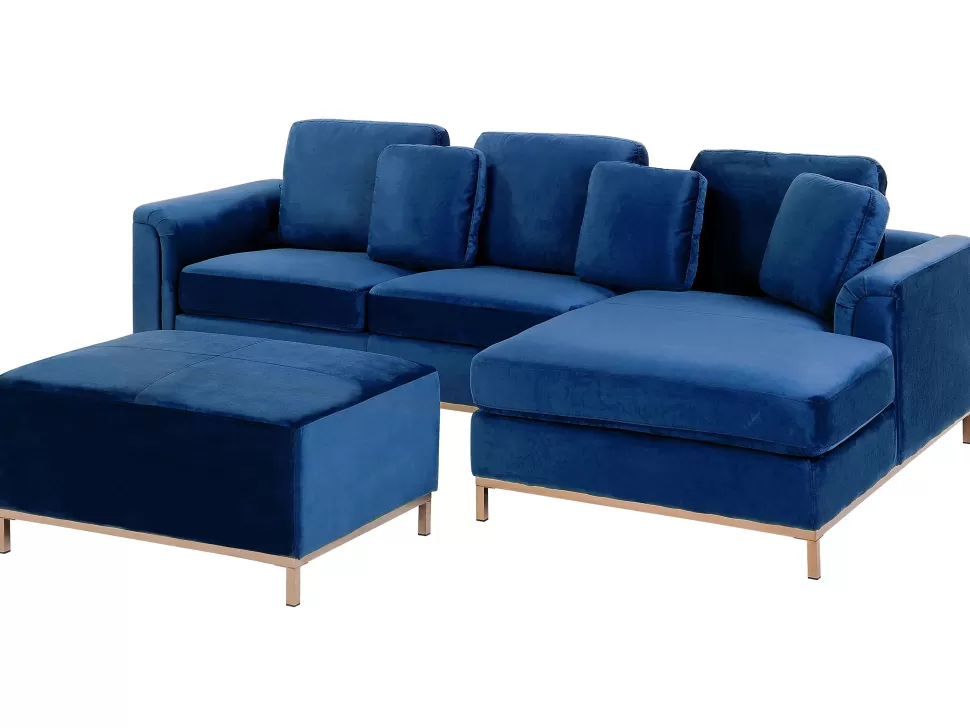 Cheap Beliani Left Hand Velvet Corner Sofa With Ottoman Navy Blue Oslo
