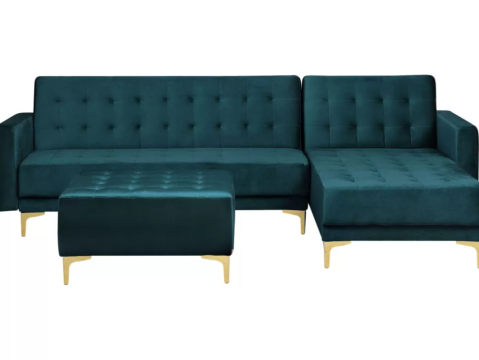 Cheap Beliani Left Hand Velvet Corner Sofa With Ottoman Teal Aberdeen