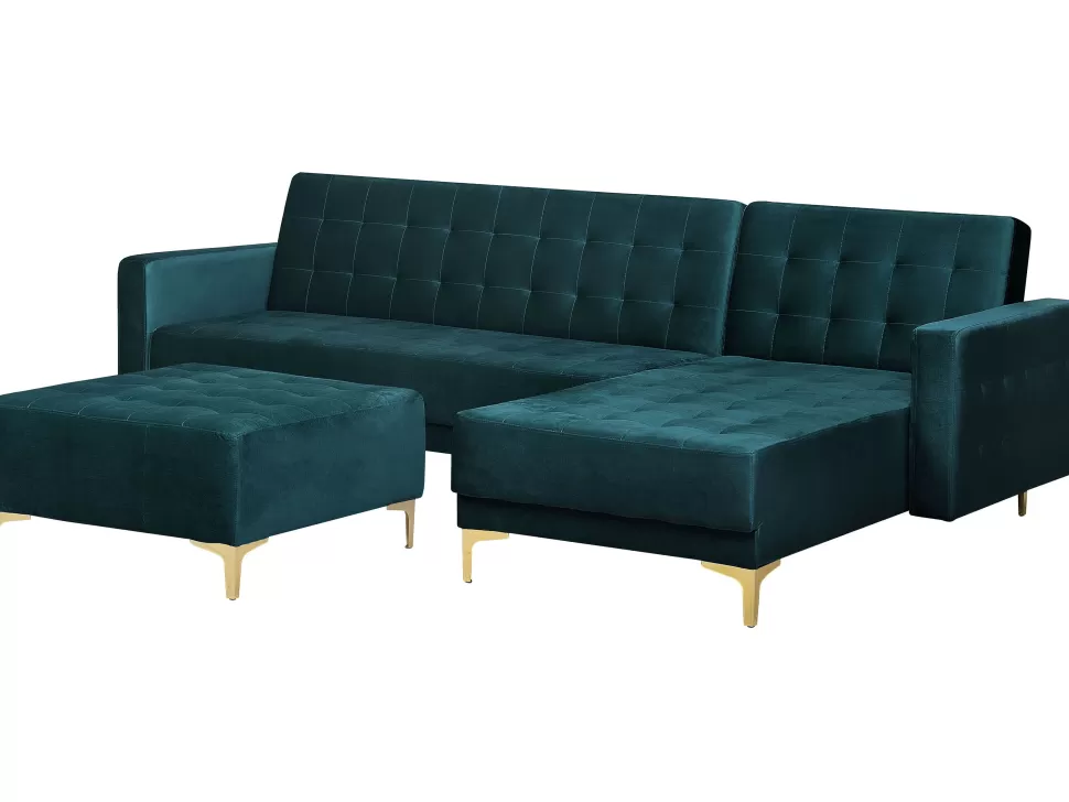 Cheap Beliani Left Hand Velvet Corner Sofa With Ottoman Teal Aberdeen