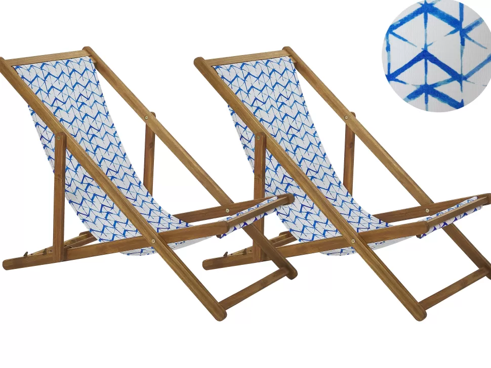 Cheap Beliani Liegestuhl Akazienholz Hellbraun Textil Weis / Blau Zickzack-Muster 2Er Set Anzio