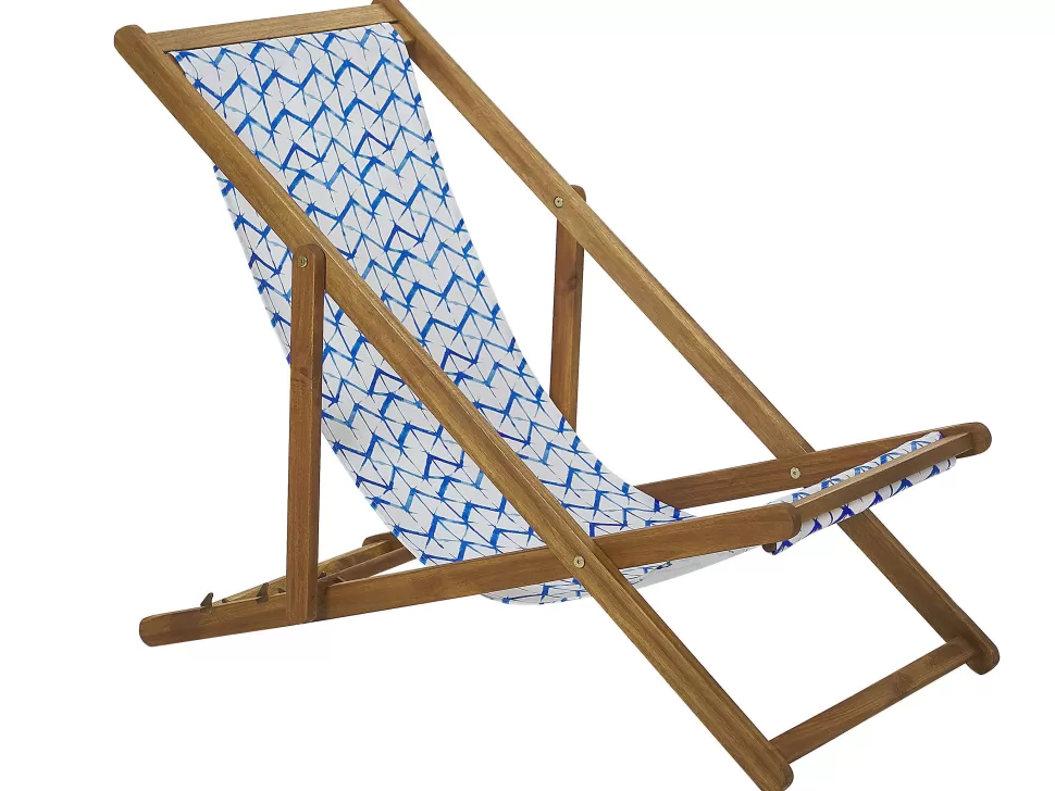 Cheap Beliani Liegestuhl Akazienholz Hellbraun Textil Weis / Blau Zickzack-Muster 2Er Set Anzio