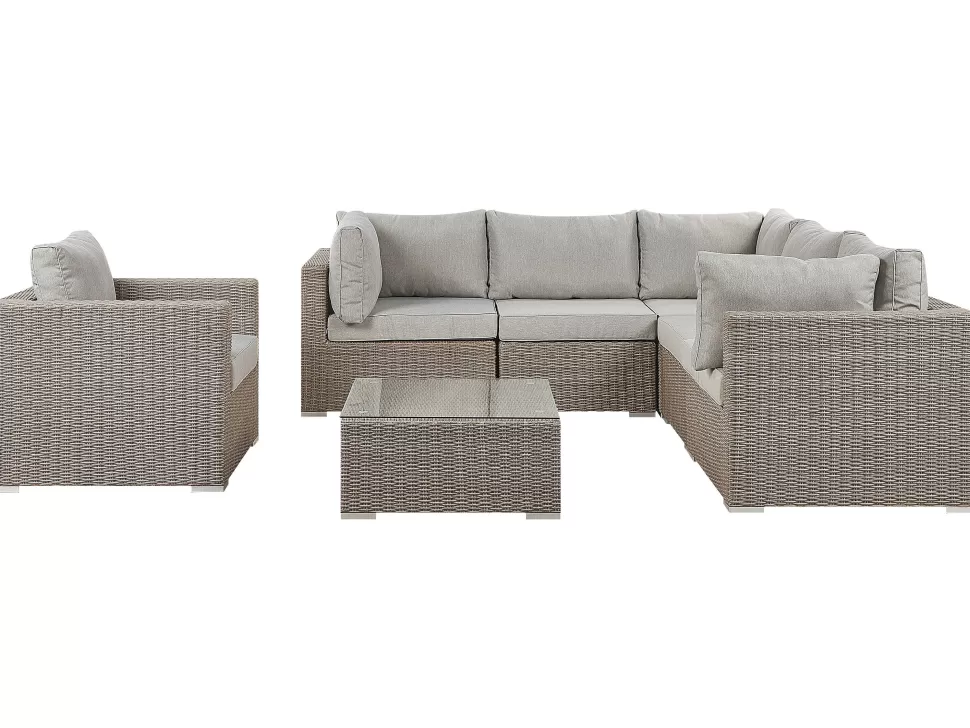 Cheap Beliani Lounge Set Rattan Taupe 6-Sitzer Linksseitig Modular Auflagen Hellgrau Contare