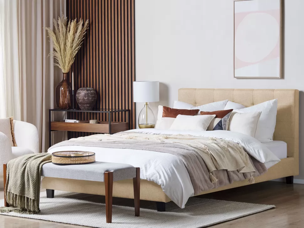 Betten>Beliani Polsterbett Leinenoptik Beige Lattenrost 180 X 200 Cm La Rochelle