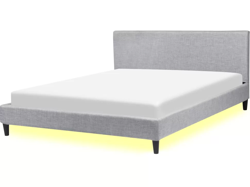 Betten>Beliani Polsterbett Leinenoptik Hellgrau Mit Led-Beleuchtung Weis 160 X 200 Cm Fitou