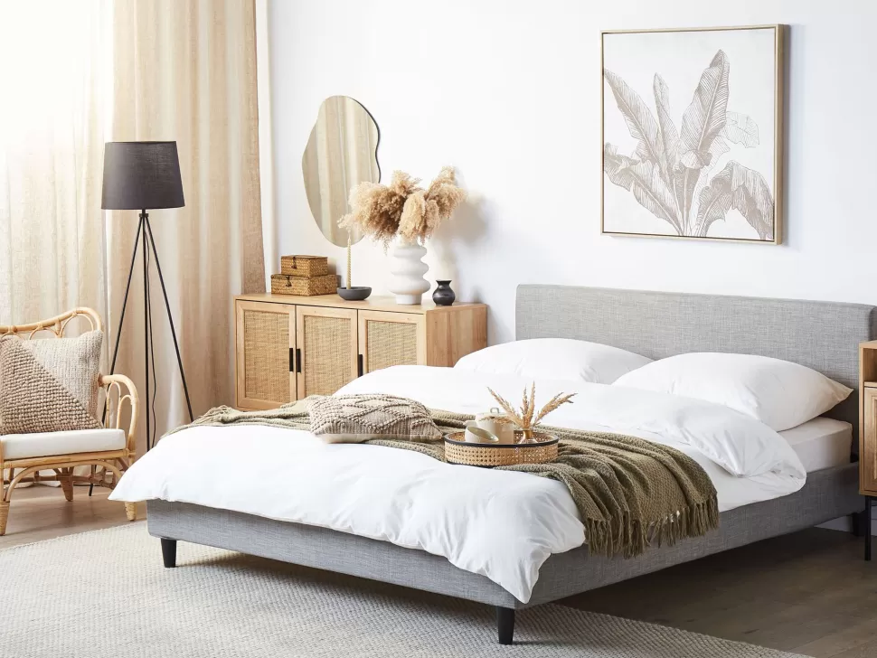 Betten>Beliani Polsterbett Leinenoptik Hellgrau Mit Led-Beleuchtung Weis 160 X 200 Cm Fitou