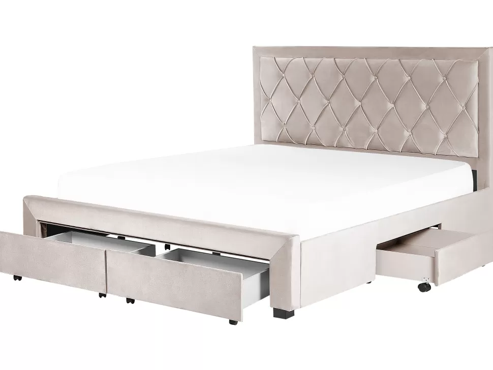 Betten>Beliani Polsterbett Samtstoff Beige Mit Bettkasten 180 X 200 Cm Lievin