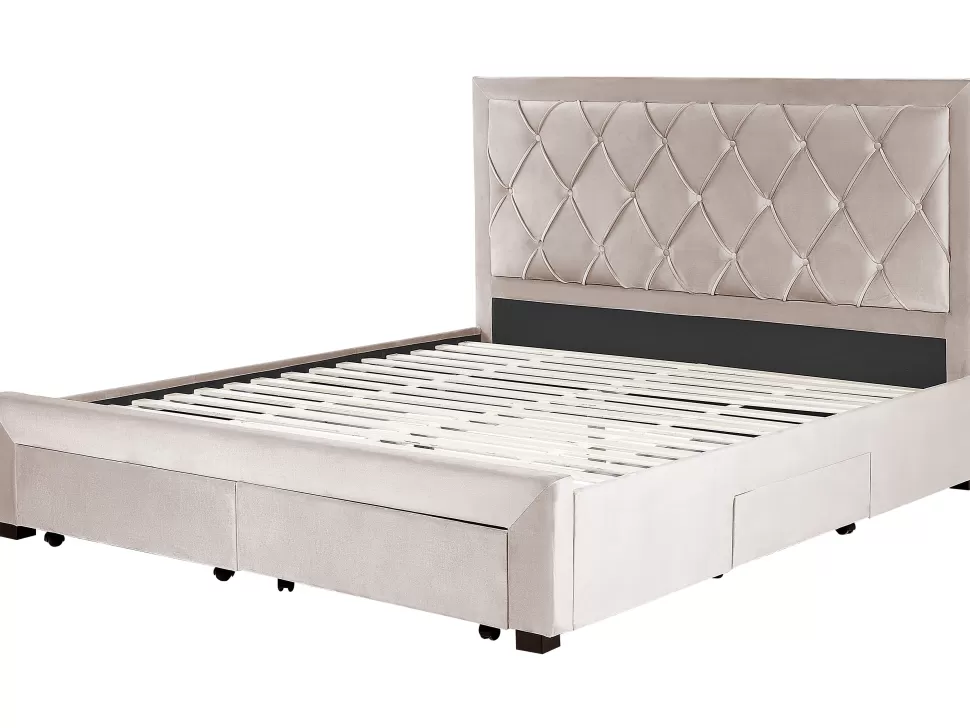 Betten>Beliani Polsterbett Samtstoff Beige Mit Bettkasten 180 X 200 Cm Lievin