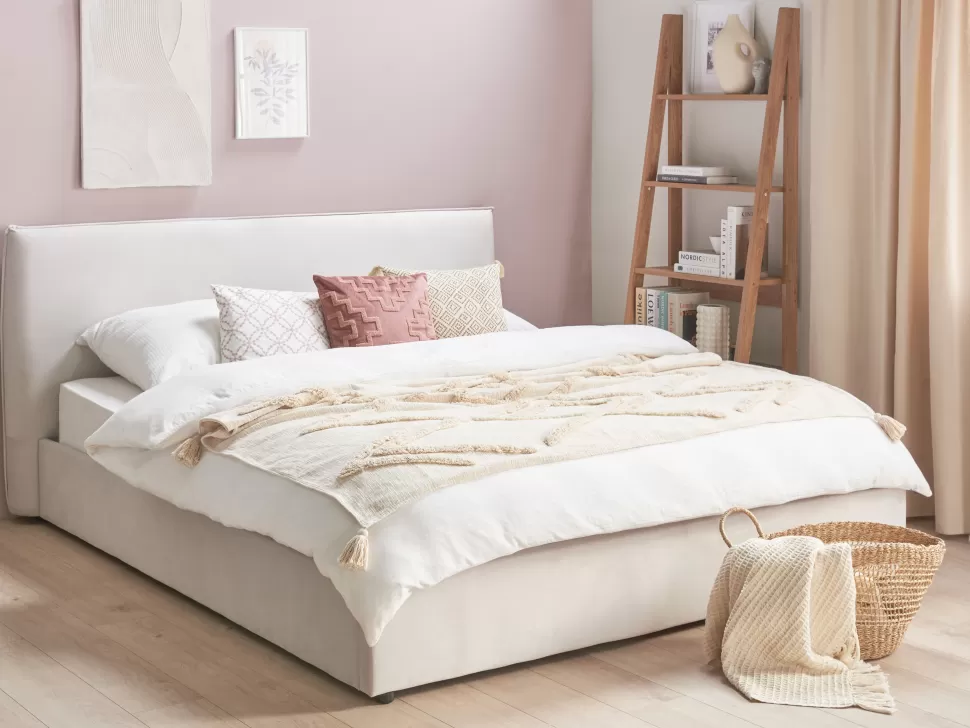 Betten>Beliani Polsterbett Samtstoff Cremeweis Mit Stauraum 180 X 200 Cm Lavaur