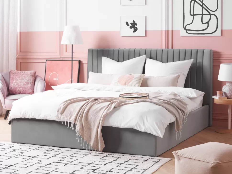 Betten>Beliani Polsterbett Samtstoff Grau Mit Stauraum 180 X 200 Cm Vion