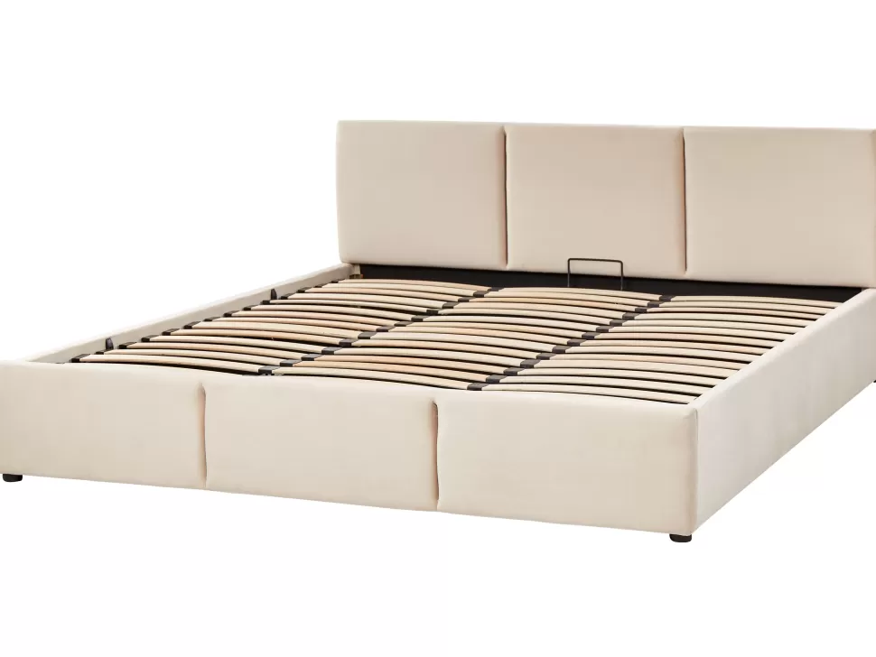Betten>Beliani Polsterbett Samtstoff Hellbeige Mit Bettkasten Hochklappbar 180 X 200 Cm Bousse