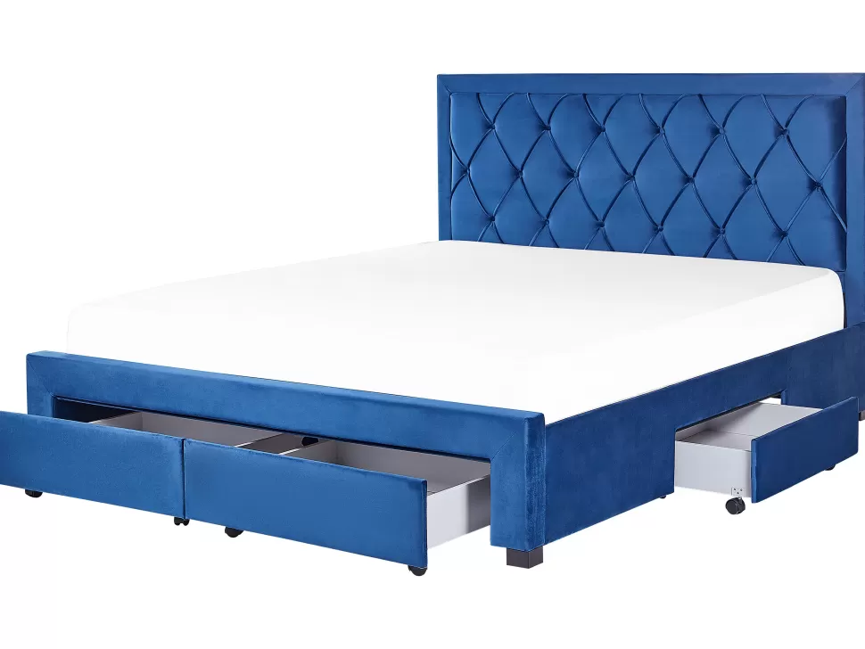 Betten>Beliani Polsterbett Samtstoff Marineblau Mit Bettkasten 180 X 200 Cm Lievin