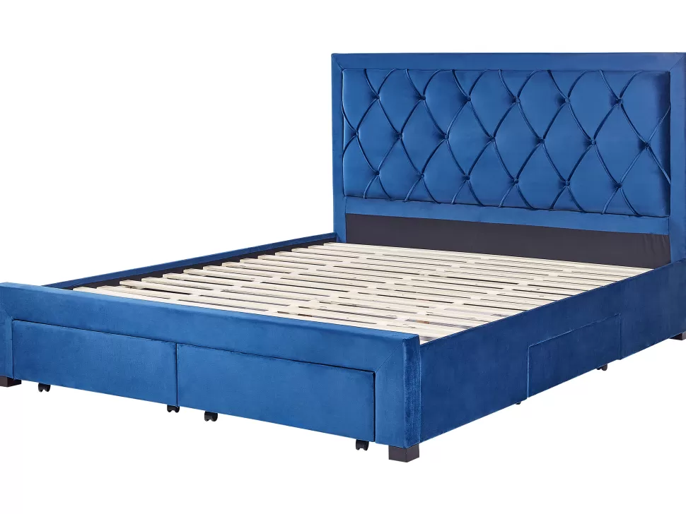 Betten>Beliani Polsterbett Samtstoff Marineblau Mit Bettkasten 180 X 200 Cm Lievin