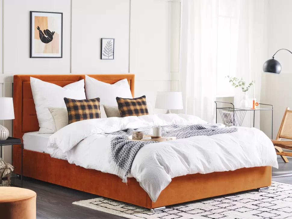 Betten>Beliani Polsterbett Samtstoff Orange Mit Stauraum 140 X 200 Cm Rouen