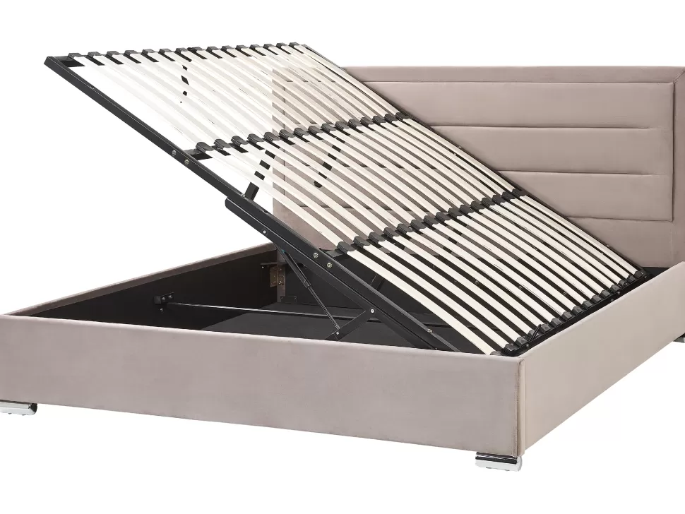Betten>Beliani Polsterbett Samtstoff Taupe Mit Stauraum 180 X 200 Cm Rouen