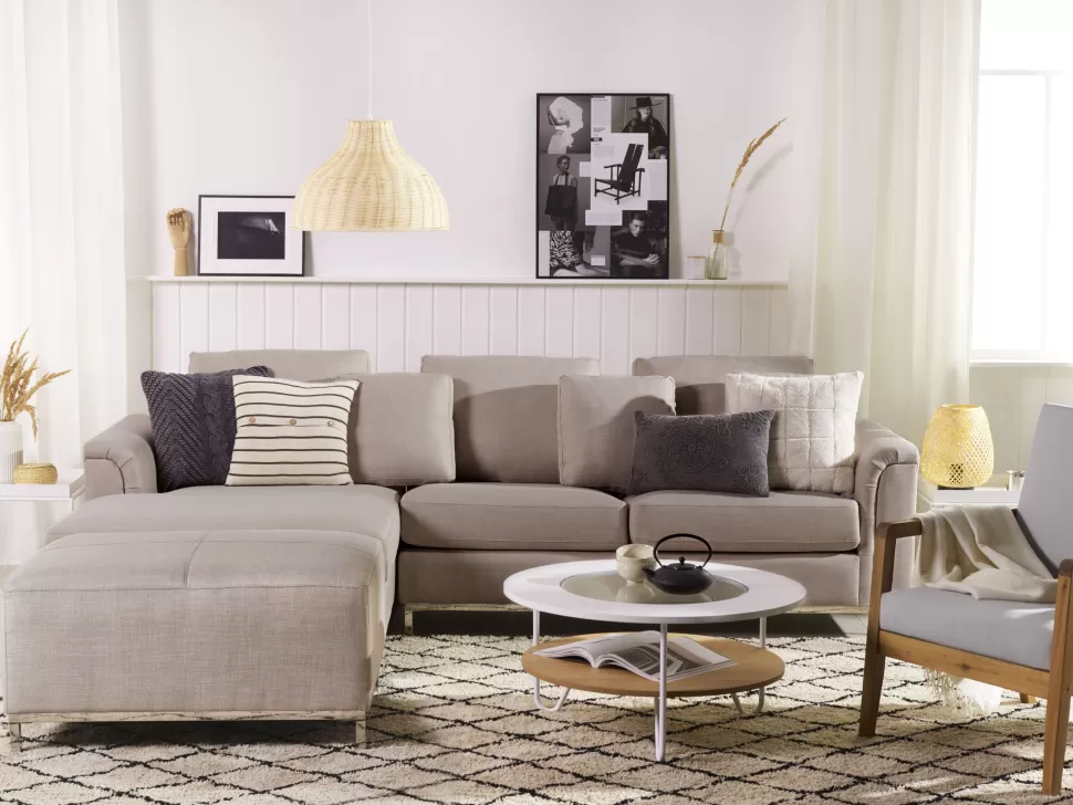 Cheap Beliani Right Hand Fabric Corner Sofa With Ottoman Beige Oslo