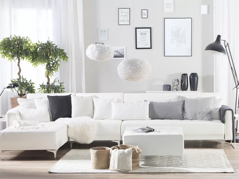 Cheap Beliani Right Hand Faux Leather Modular Sofa With Ottoman White Aberdeen