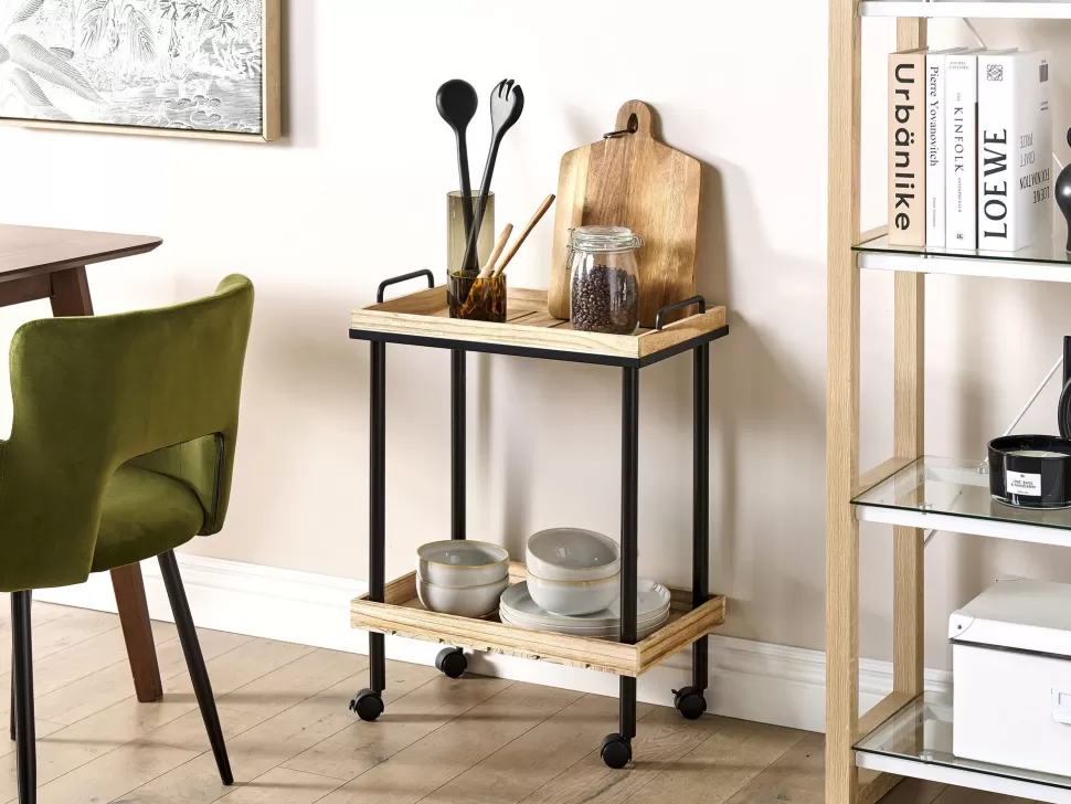 Cheap Beliani Servierwagen Paulowniaholz Heller Holzfarbton / Schwarz 2 Etagen Taggio