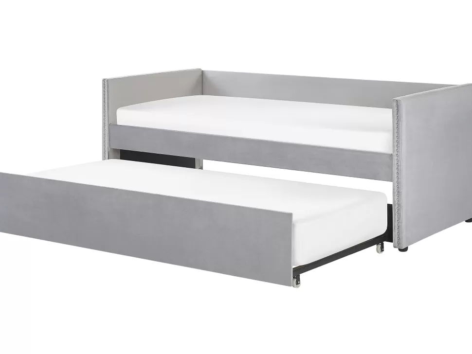 Betten>Beliani Tagesbett Ausziehbar Samtstoff Hellgrau Lattenrost 90 X 200 Cm Troyes