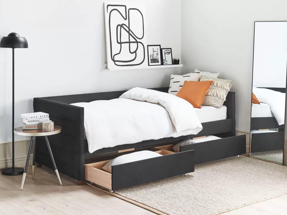 Betten>Beliani Tagesbett Samtstoff Schwarz Mit Bettkasten 90 X 200 Cm Marray