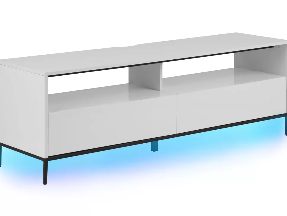 Best Sale Beliani Tv-Mobel Weis / Hochglanz Mit Led-Beleuchtung 2 Schubladen 150 X 42 X 52 Cm Sydney