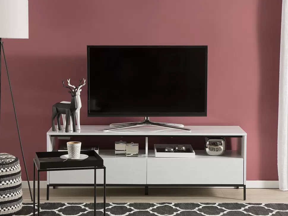 Best Sale Beliani Tv-Mobel Weis / Hochglanz Mit Led-Beleuchtung 2 Schubladen 150 X 42 X 52 Cm Sydney